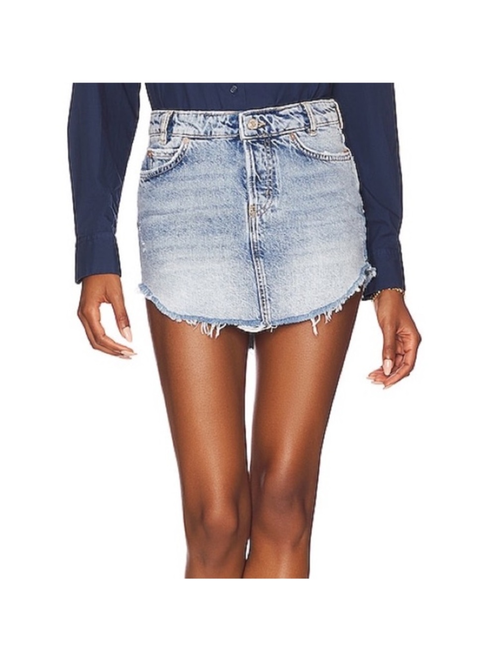 We The Free FP Sky High Western Mini Skirt Denim Jean Raw Asymmetrical Hem- 0 - Picture 2 of 16
